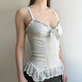 Voguable  Y2K Lace Ruffles Crop Top Coquette Aesthetic Bow Milkmaid Corset Cute Japanese Lolita Style Camis Fairy Vest